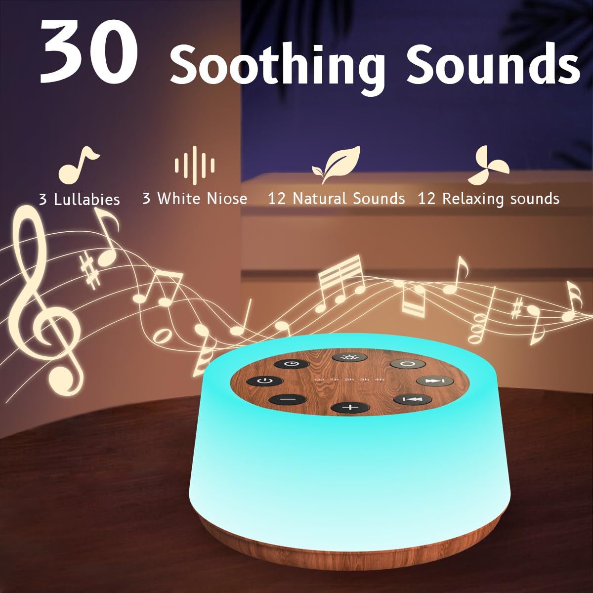 ColorsNoise Sound Machine and White Noise Machine with 30 Soothing Sounds with 12 Colors Baby Night Light with Memory Function (Black)