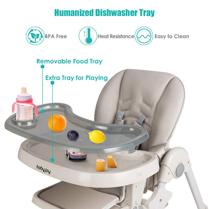BABY JOY Convertible High Chair for Babies & Toddlers, Height Adjustable, Grow & Go High Chair w/Recline & Footrest, Removable Double Tray, Portable Baby Dinning Chair with Wheels (Beige)