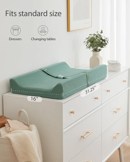 Blissful Diary Baby Changing Pad with Waterproof Lining Foam, Includes a Soft & Washable Cover, Contoured Changing Table Pads for Dresser Top with Non-Slip Bottom, 32”×16” (Grey, Avocado)