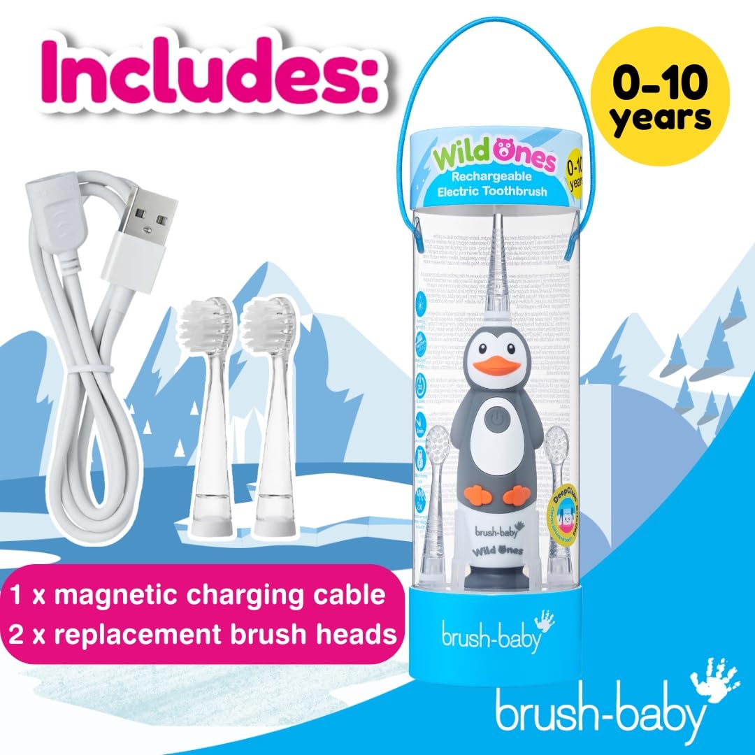 brush-baby WildOnes™ Rechargeable Kids Electric Toothbrush – Toby Tiger | Flashing Lights, 2-Min Timer, Waterproof, 3 Brush Heads | Toddler & Child Toothbrush Ages 0-10 | Soft Bristles