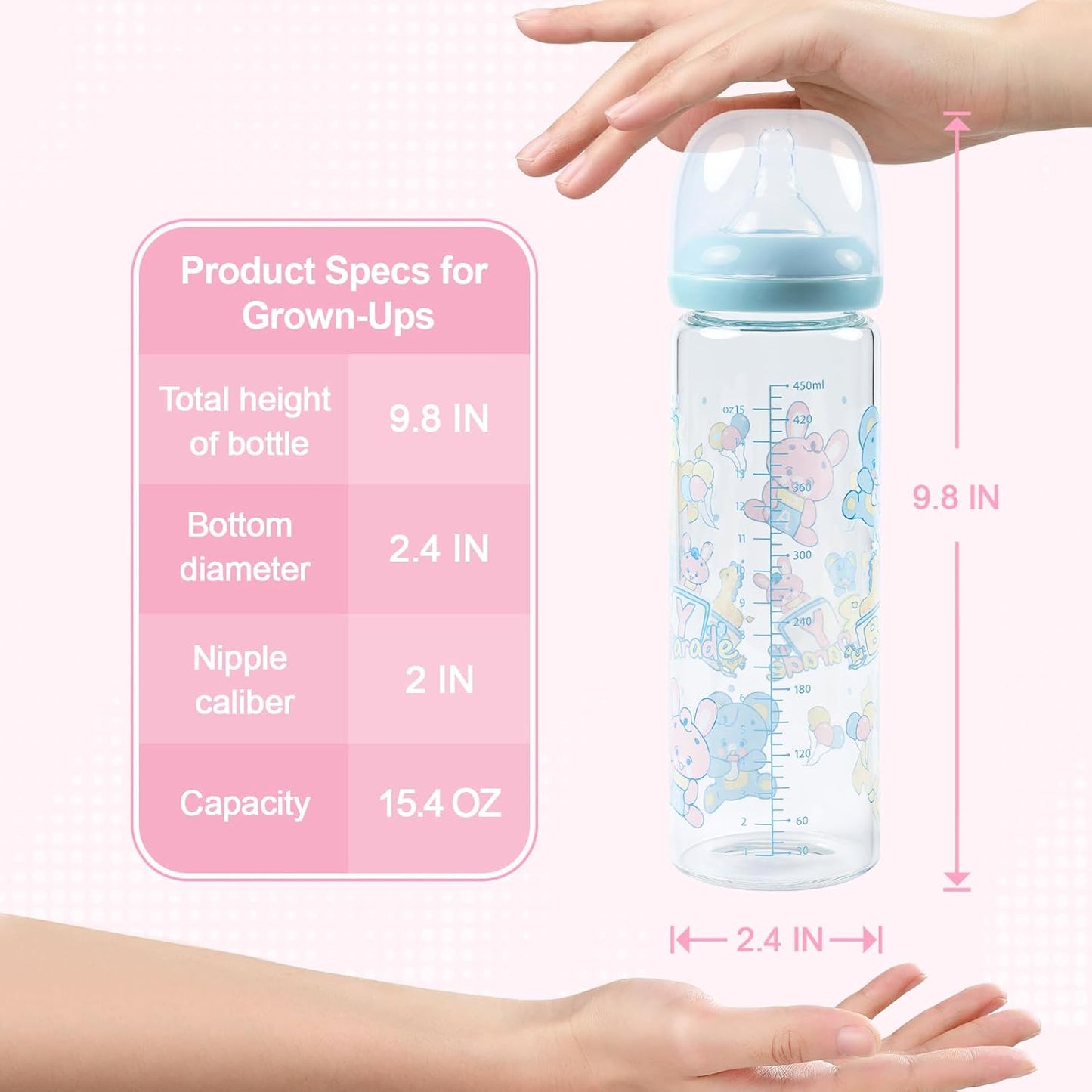 LittleForBig Adult Glass Feeding Bottle Ultra Printed Specialty Oversized Baby Parade Pattern