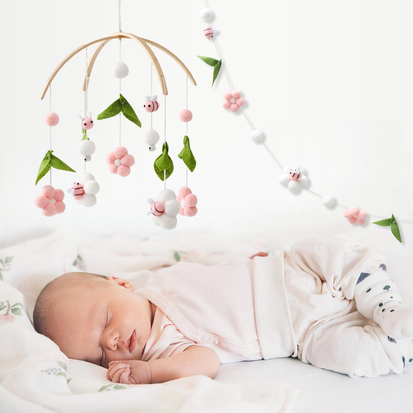 OESSUF Baby Mobile for Crib, Crib Nursery Mobile for Boys Girls, Boho Bee Flower Nursery Decor Soothe Toy Baby Shower Set for Infant Bedroom Hanging Decoration Toy, Pink