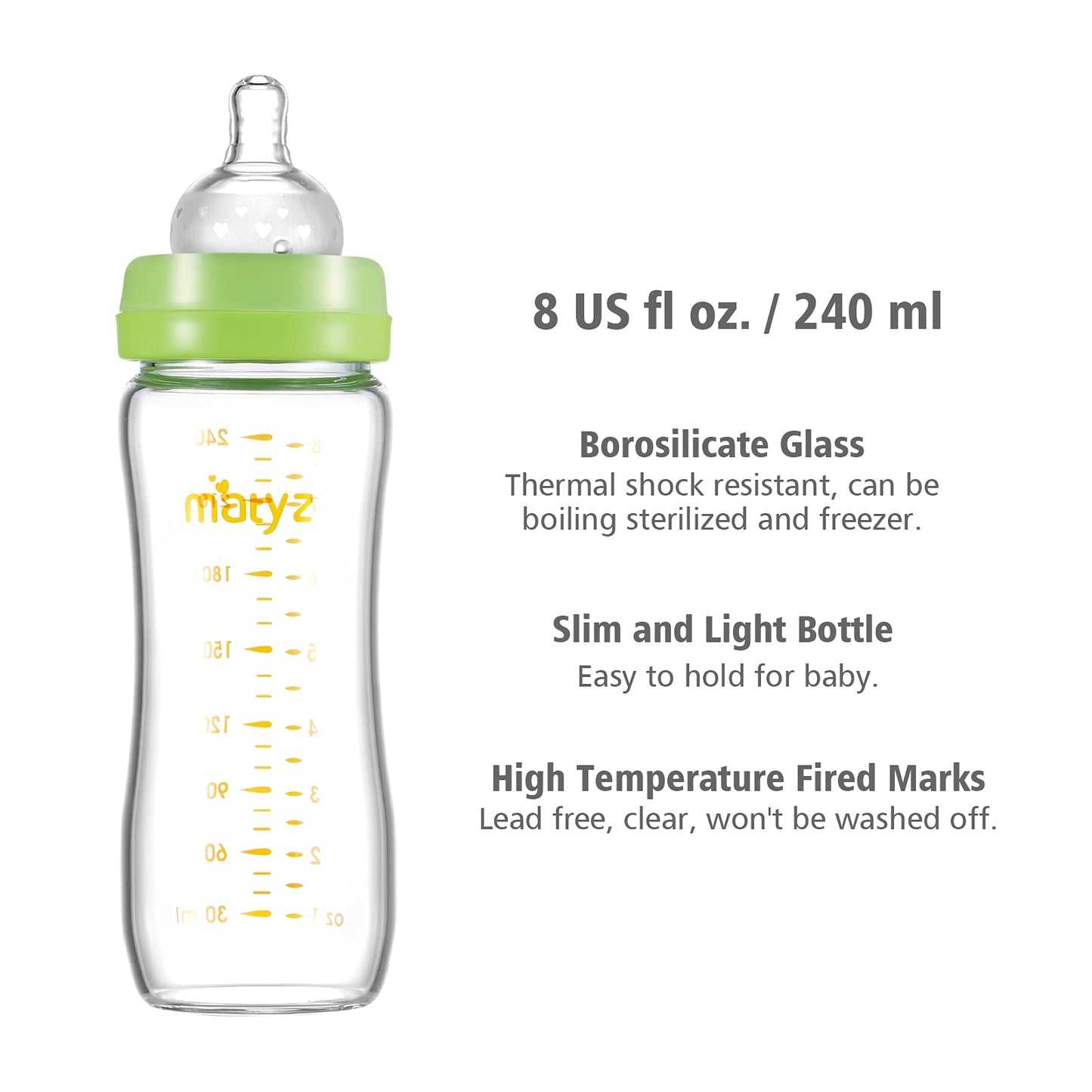 Matyz 8 Ounce Glass Baby Feeding Bottle With Nipple - Light and Slim, Easy to Hold and Clean - Food Grade Borosilicate Glass, Wide Neck for Breastmilk Feeding, No BPA (Pink Lids)