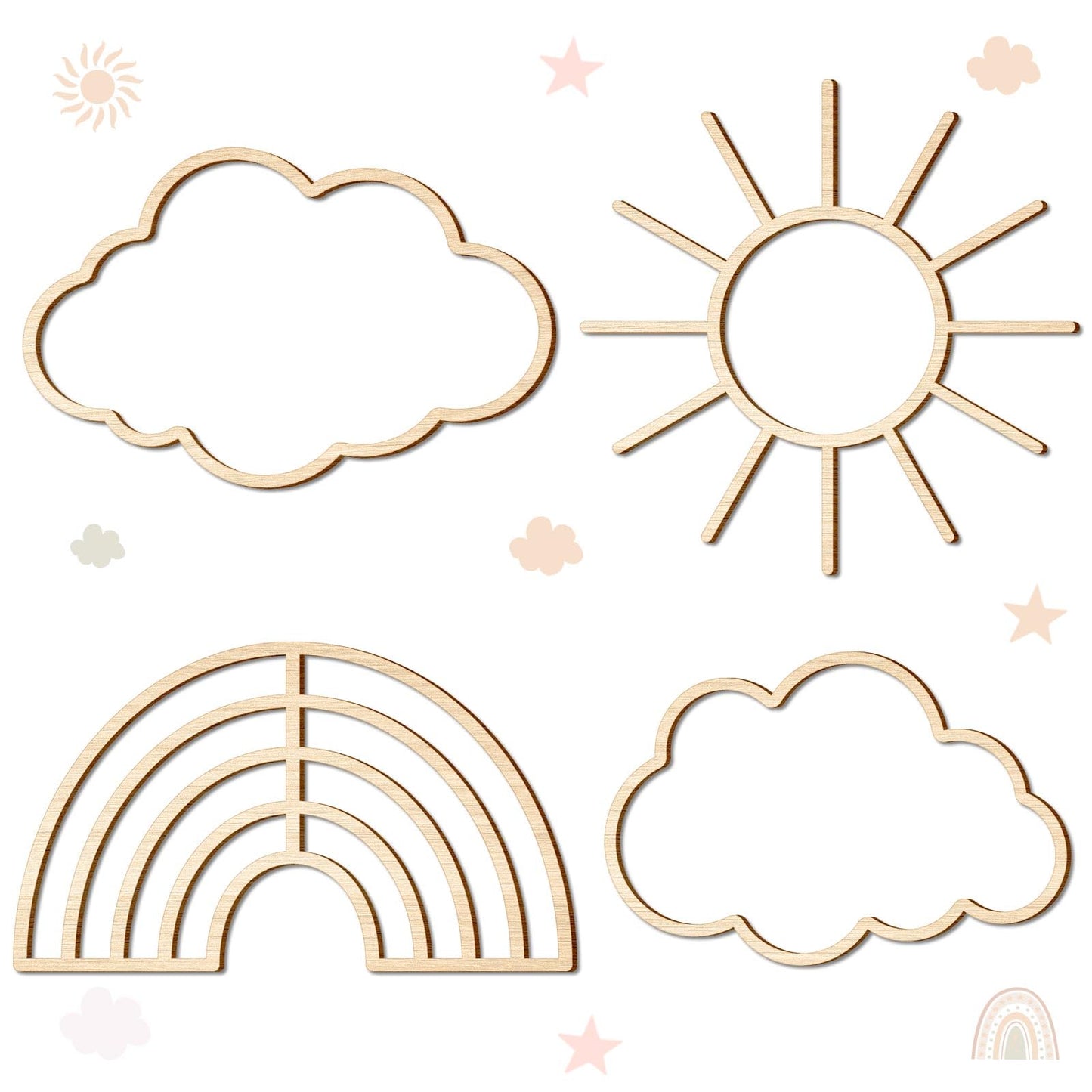 Kathfly4 Pieces Boho Nursery Cloud Star Wall Decor Wooden Babyroom Moon Rattan Wall Decor Wooden Rainbow for Children Baby Kids Boys Girls Bedroom Nursery Pendant(Cloud Moon Star)