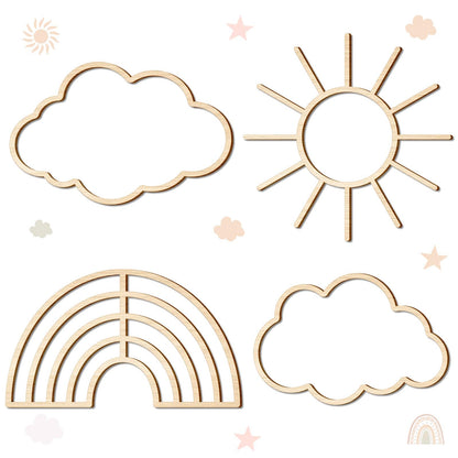 Kathfly4 Pieces Boho Nursery Cloud Star Wall Decor Wooden Babyroom Moon Rattan Wall Decor Wooden Rainbow for Children Baby Kids Boys Girls Bedroom Nursery Pendant(Cloud Moon Star)