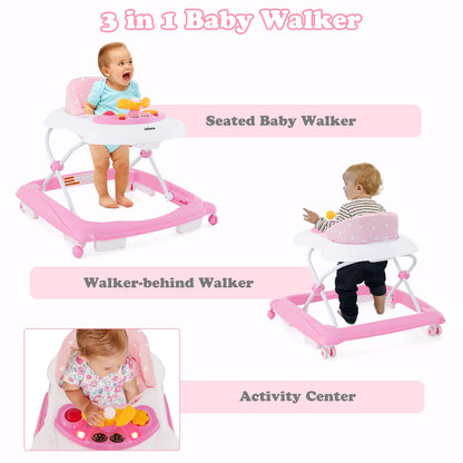 INFANS Foldable Baby Walker, 3 in 1 Toddler Walker Leaning-Seated Walk-Behind with Removable Music Tray, Adjustable Height, Washable Seat Cushion for Boys and Girls (Heart)