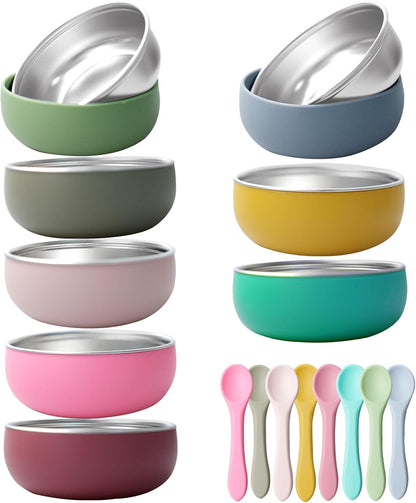 8 Pcs 304 Stainless Steel Baby Bowls with 8 Spoon Kids Bowls with Removable Silicone Shell Toddler Without Suction Bowls Anti Scald Snack Container for Dishwasher for Food Feeding(Multicolor)