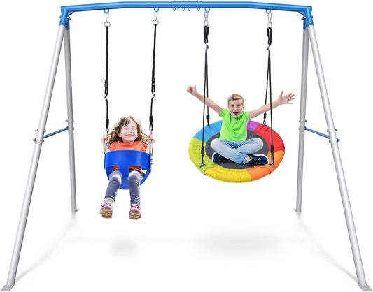 Trekassy Swing Sets for Backyard, 440lbs Heavy Duty A-Frame Metal Swing Stand with 1 Saucer Swing and 1 Toddler Swing, Outdoor Kids Play Equipment for Playground, Playset
