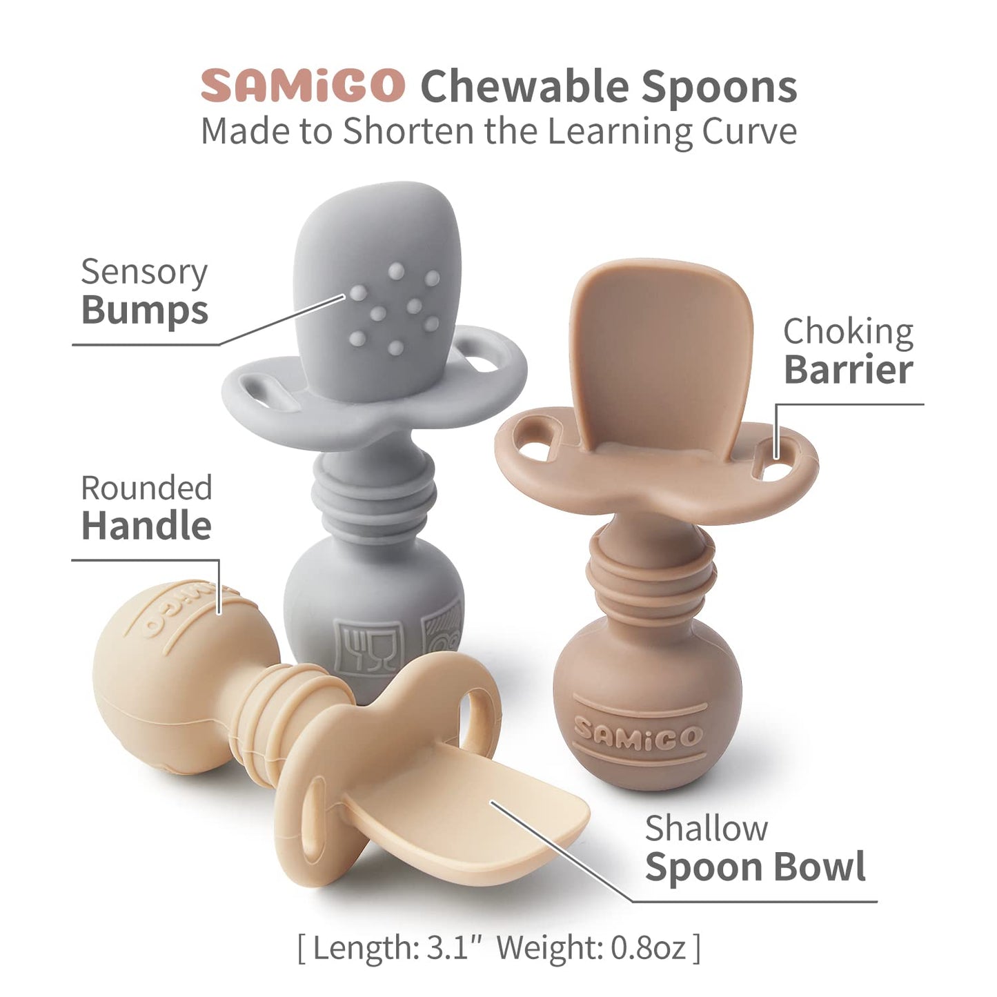 SAMiGO Silicone Baby Utensils - Self Feeding Spoons and Tiny Training Cup - First Stage Baby Led Weaning Supplies for 6 Months+ Infants - Set of 3
