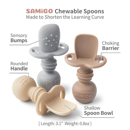 SAMiGO Silicone Baby Utensils - Self Feeding Spoons and Tiny Training Cup - First Stage Baby Led Weaning Supplies for 6 Months+ Infants - Set of 3