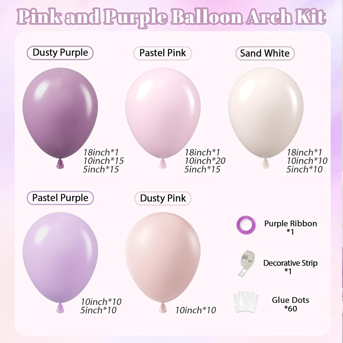 Pink and Purple Balloon Arch Kit with Dusty Pastel Purple Pink Sand White Balloons for Baby Bridal Shower Wedding Gender Reveal Birthday Party Decorations
