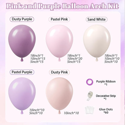 Pink and Purple Balloon Arch Kit with Dusty Pastel Purple Pink Sand White Balloons for Baby Bridal Shower Wedding Gender Reveal Birthday Party Decorations