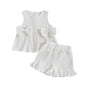 Kupretty Toddler Girl Summer Clothes Baby Solid Linen Outfit Bows Ruffle Tank Tops Shirts + Ruffled Short Set