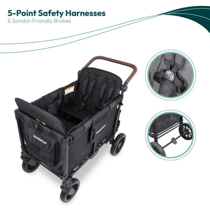 WONDERFOLD W4 Luxe Quad Stroller Wagon Featuring 4 High Face-to-Face Seats with Magnetic Buckle 5-Point Harnesses and Adjustable/Removable UV-Protection Canopy, Hunter Green
