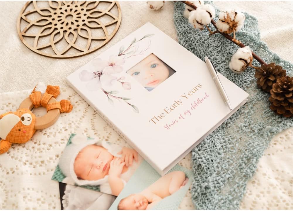Modern Neutral Keepsake Memory Book - Journal Scrapbook for Baby Girl or Boy - Photo Album, Milestones Stickers, Clean Touch Ink Pad, Keepsake Envelope - Everlasting Memories up to Age 5