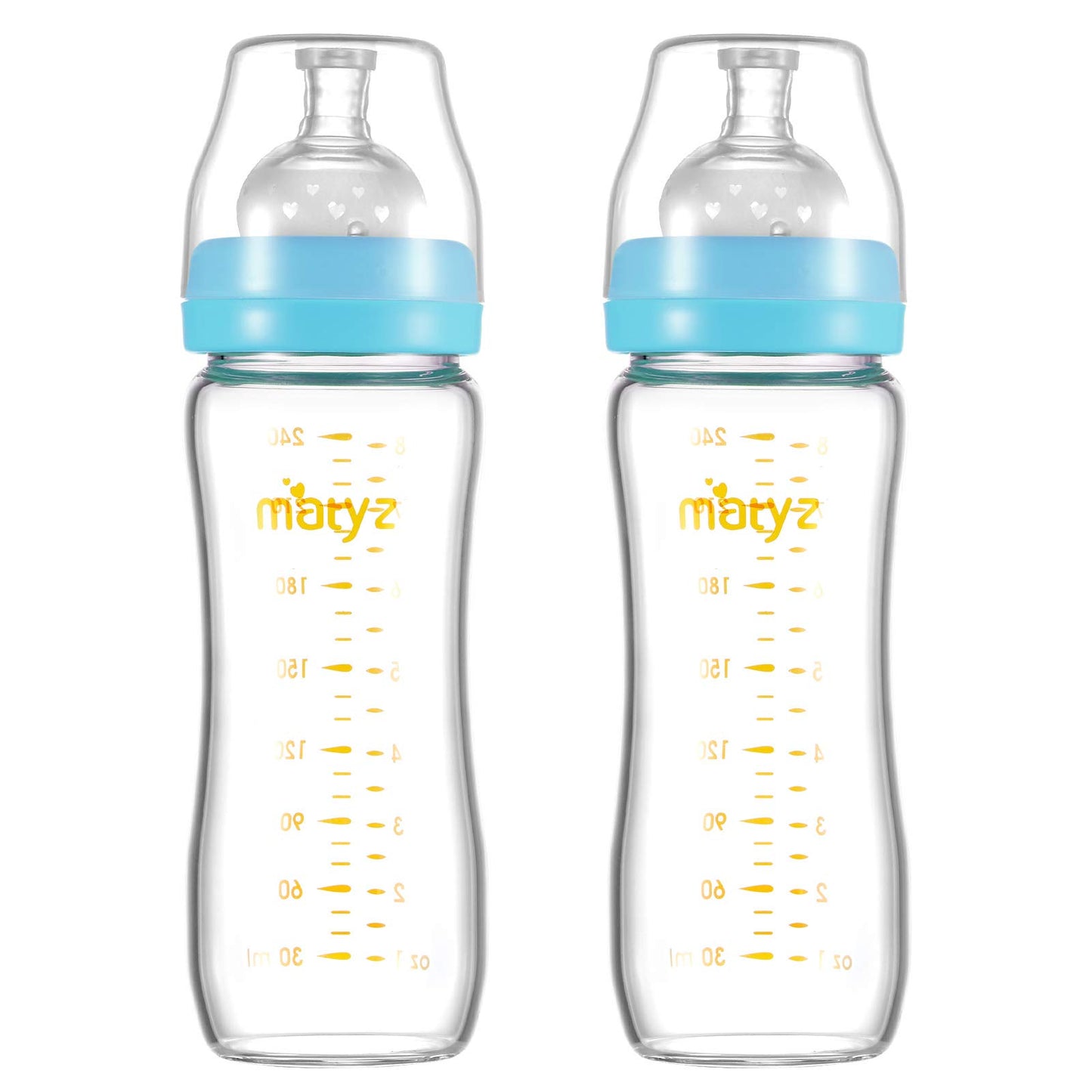 Matyz 8 Ounce Glass Baby Feeding Bottle With Nipple - Light and Slim, Easy to Hold and Clean - Food Grade Borosilicate Glass, Wide Neck for Breastmilk Feeding, No BPA (Pink Lids)