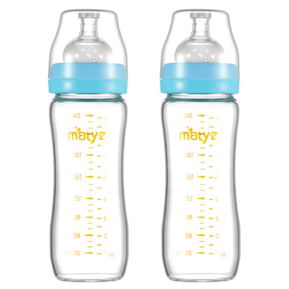 Matyz 8 Ounce Glass Baby Feeding Bottle With Nipple - Light and Slim, Easy to Hold and Clean - Food Grade Borosilicate Glass, Wide Neck for Breastmilk Feeding, No BPA (Pink Lids)