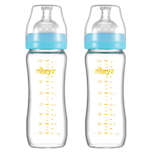 Matyz 8 Ounce Glass Baby Feeding Bottle With Nipple - Light and Slim, Easy to Hold and Clean - Food Grade Borosilicate Glass, Wide Neck for Breastmilk Feeding, No BPA (Pink Lids)