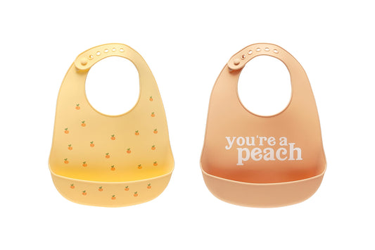 Pearhead Silicone Bib Set of 2, You're a Peach & Light Yellow Waterproof Bibs with Food Catcher, Adjustable Fit, Dishwasher Safe, Unisex Toddler Bib Set