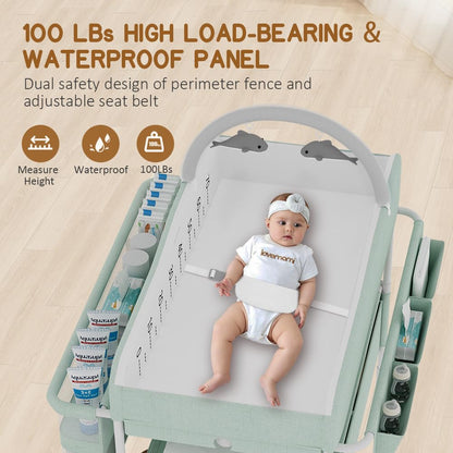 Diaper Changing Station, Portable Changing Table for Baby, Diaper Changing Table with Storage Drawers, Waterproof Baby Changing Station with Wheels and Adjustable Height for Newborn Infant (Pink)