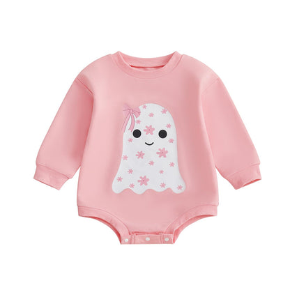 Newborn Boy Girl Halloween Outfit Flower Ghost Print Bodysuit Bow Sweatshirt Romper Halloween Clothes