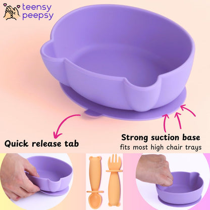 Bear Silicone Baby Bowl Suction Baby Spoon and Fork for Babies 6 months+ Suction Bowls for Baby Utensils 6-12M+ BLW Essentials (Peach Lilac)