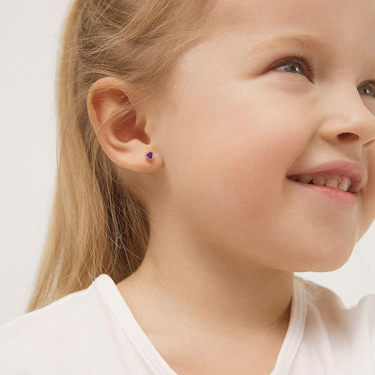 14k Yellow Gold 4mm Bezel Set Heart Cubic Zirconia Screw Back Earrings for Baby Girls, Toddlers and Young Girls - Cute Heart Earring Studs for Children with Locking Screw Backs for Kids