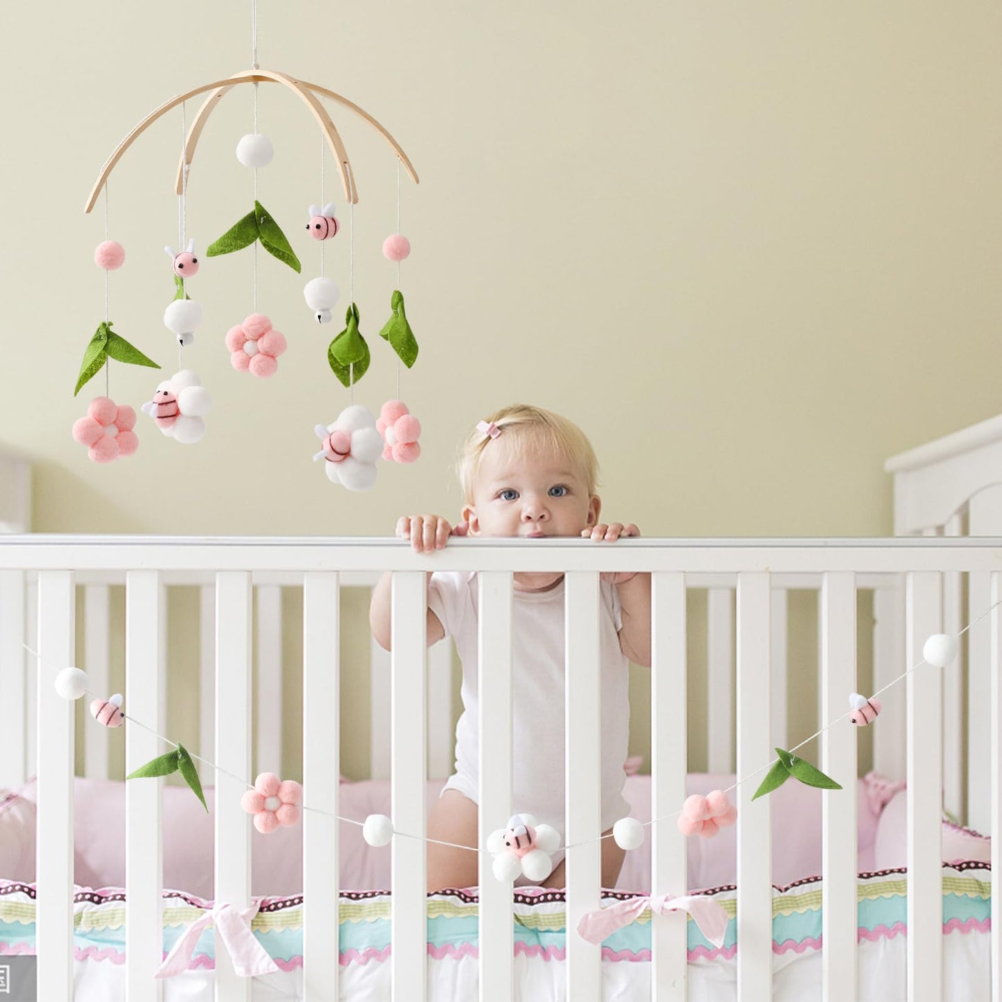 OESSUF Baby Mobile for Crib, Crib Nursery Mobile for Boys Girls, Boho Bee Flower Nursery Decor Soothe Toy Baby Shower Set for Infant Bedroom Hanging Decoration Toy, Pink