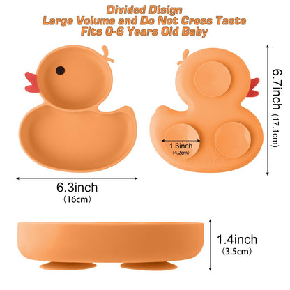 Qshare Powerful Suction Plates for Baby and Toddler,Baby Divided Plate,Thanksgiving Plates with Fork and Spoon,Duck Baby Plate Non-Slip,BPA Free,Microwave & Dishwasher Safe (Orange)