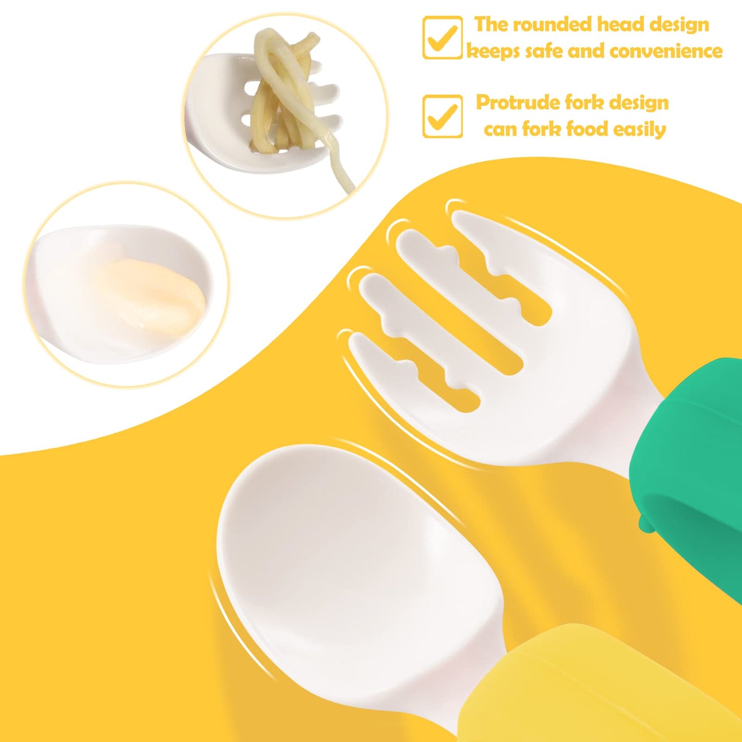 Baby Self Feeding Training Spoon and Fork Set with Travel Case, BPA-Free Cute Circle Toddler Training Utensils, Silicone/ABS Great Tableware Set Spoons Fork for Kids(Yellow)