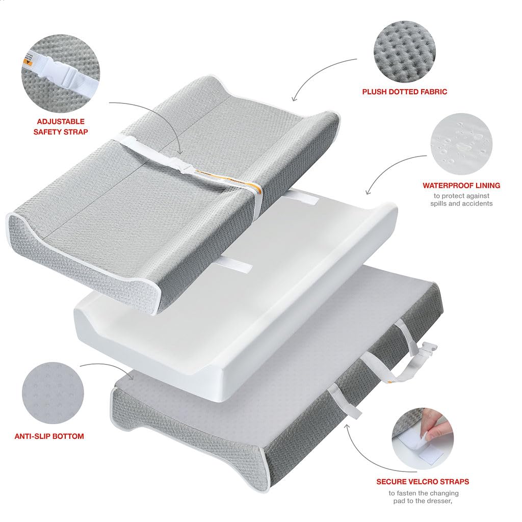 Changing Pad - Foam Contoured Baby Changing Pad for Dresser, Washable Soft & Removable Non-Slip Outer Cover + Inner Waterproof Lining, Bonus Portable Toy Bar with Music Mode Included