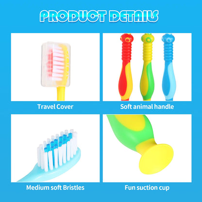 Kids toothbrushes 6 Pack Set Soft Bristles with Suction Cup, Includes Travel Covers, Bear Panda toothbrushes for Kids Boys & Girls, Toddlers &Children Teeth Age 3+