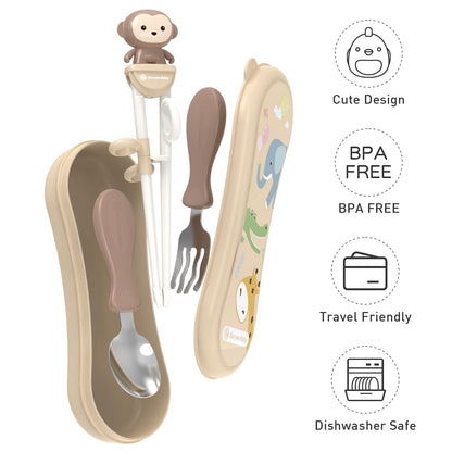 Toddler Utensils Stainless Steel Kids Silverware Set with Kids Spoons and Forks Set and Kids Chopsticks for Self Feeding Learning with Portable Case