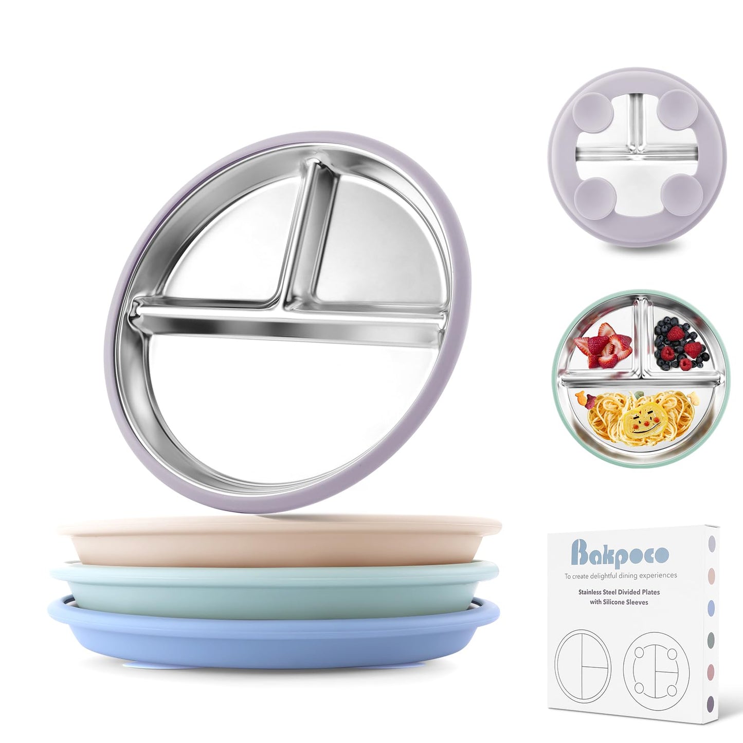 Stainless Steel Baby Plate with Suction, 9” Divided Toddler Plates with Removable Silicone Sleeves for Kids, Non-Toxic Non-Slip Unbreakable Dishwasher Safe Dinnerware Set of 2, Pink & Beige