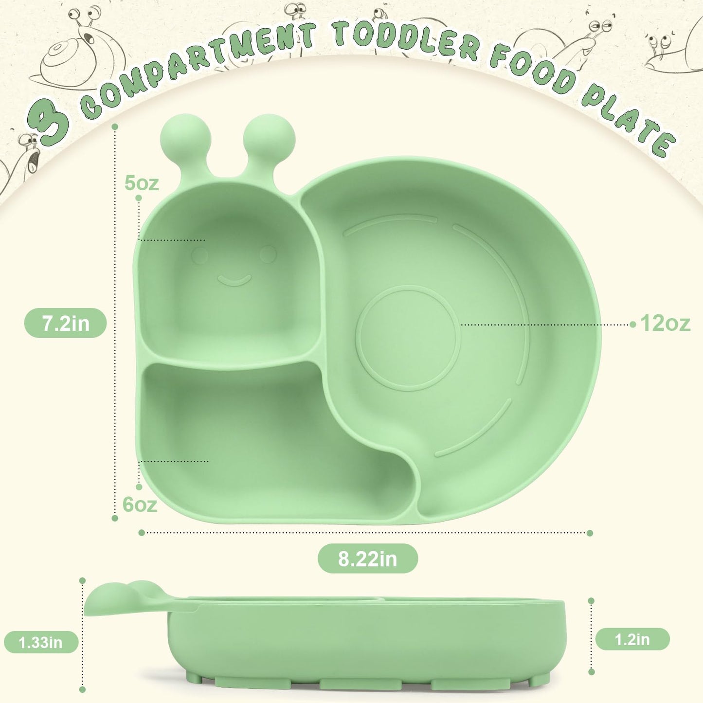Silicone Baby Plate with Super Suction – Snail Shape 3 Compartment Toddler Food Plate Self Feeding Unbreakable Eating Supplies for Boys and Girls (Pink) (Green)