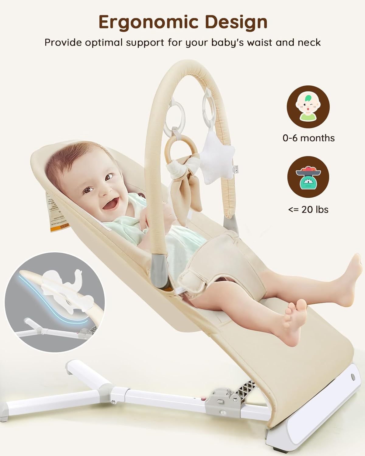 Lilian&Gema Baby Bouncer, Height-Adjustable Infant Bouncer Seat for Babies 0-6 Months, Newborn Bouncer with Soothing Music&Carry Bag, No Assembly