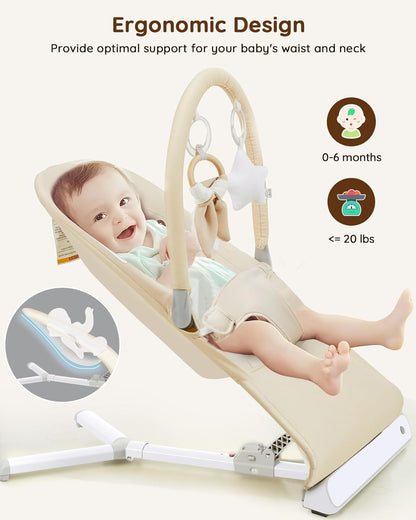 Lilian&Gema Baby Bouncer, Height-Adjustable Infant Bouncer Seat for Babies 0-6 Months, Newborn Bouncer with Soothing Music&Carry Bag, No Assembly