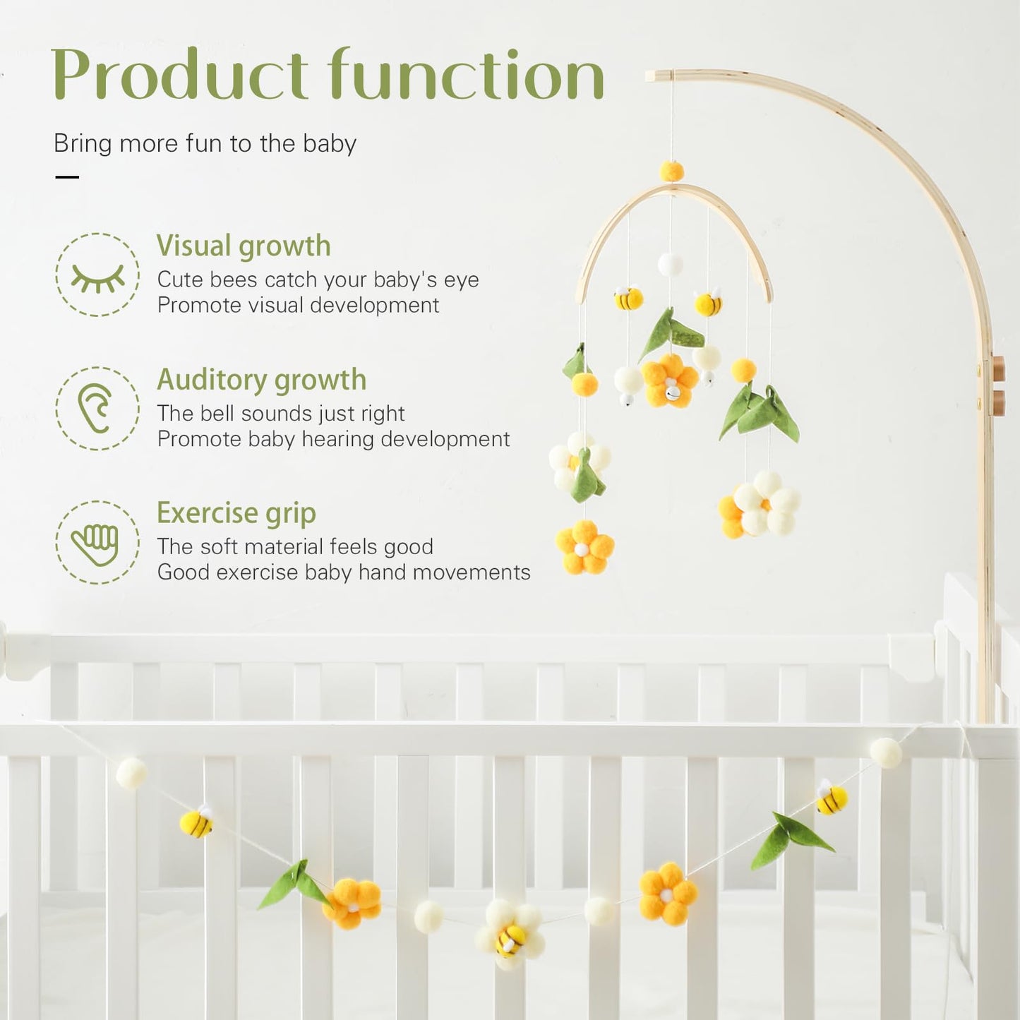 OESSUF Baby Mobile for Crib, Crib Nursery Mobile for Boys Girls, Boho Bee Flower Nursery Decor Soothe Toy Baby Shower Set for Infant Bedroom Hanging Decoration Toy, Pink