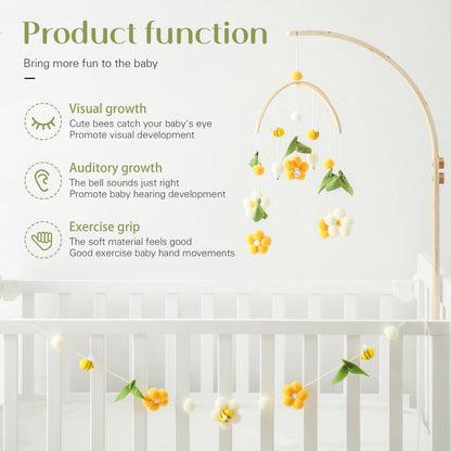 OESSUF Baby Mobile for Crib, Crib Nursery Mobile for Boys Girls, Boho Bee Flower Nursery Decor Soothe Toy Baby Shower Set for Infant Bedroom Hanging Decoration Toy, Pink