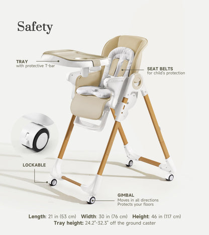 Convertible High Chairs for Babies and Toddlers, Height Adjustable Baby High Chair, High Chair with Removable Tray, Adjustable Backrest and Pedal, Portable Baby Dinning Chair with Lockable Wheels