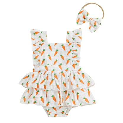 Baby Girls Flutter Sleeve Ruffles Layered Romper Dress Cute Patterns Printed Holiday Outfit with Headband