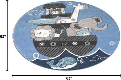 SAFAVIEH Carousel Kids Collection Area Rug - 5'3" Round, Blue & Grey, Animal Design, Non-Shedding & Easy Care, Ideal for High Traffic Areas for Boys & Girls in Playroom, Nursery, Bedroom (CRK121B)
