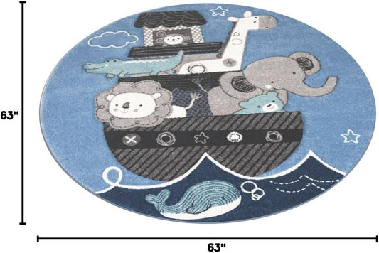 SAFAVIEH Carousel Kids Collection Area Rug - 5'3" Round, Blue & Grey, Animal Design, Non-Shedding & Easy Care, Ideal for High Traffic Areas for Boys & Girls in Playroom, Nursery, Bedroom (CRK121B)