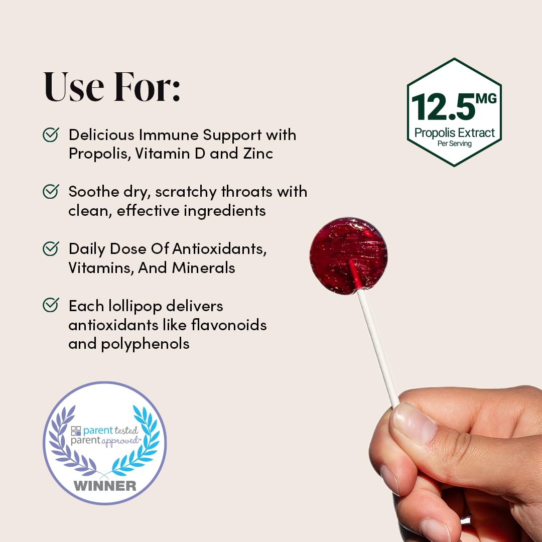 Kids Throat Soothing Lollipops by Beekeeper's Naturals - Doctor Formulated Immune Support, Vitamin D & Honey, Under 2g Sugar, Clean Ingredients,15 ct