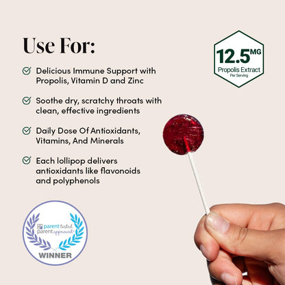 Kids Throat Soothing Lollipops by Beekeeper's Naturals - Doctor Formulated Immune Support, Vitamin D & Honey, Under 2g Sugar, Clean Ingredients,15 ct
