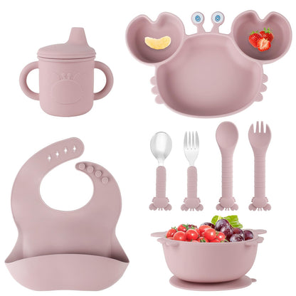 Silicone Baby Feeding Set with BPA-Free Suction Plates, Bowl, Silicone Bibs, Sippy Cup, 2 Set Forks and Spoons for Babies 8PCS Baby Led Weaning Supplies Self Feeding Utensils for Toddlers Kids (Pink)