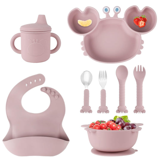 Silicone Baby Feeding Set with BPA-Free Suction Plates, Bowl, Silicone Bibs, Sippy Cup, 2 Set Forks and Spoons for Babies 8PCS Baby Led Weaning Supplies Self Feeding Utensils for Toddlers Kids (Pink)