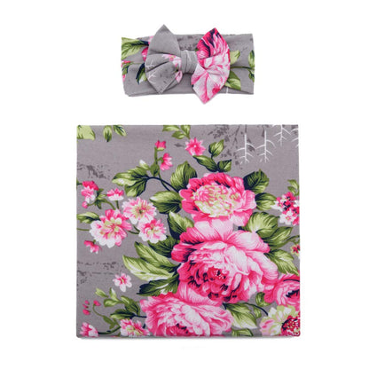 Galabloomer Newborn Receiving Blanket Headband Set Baby Flower Swaddle (vintage flower)