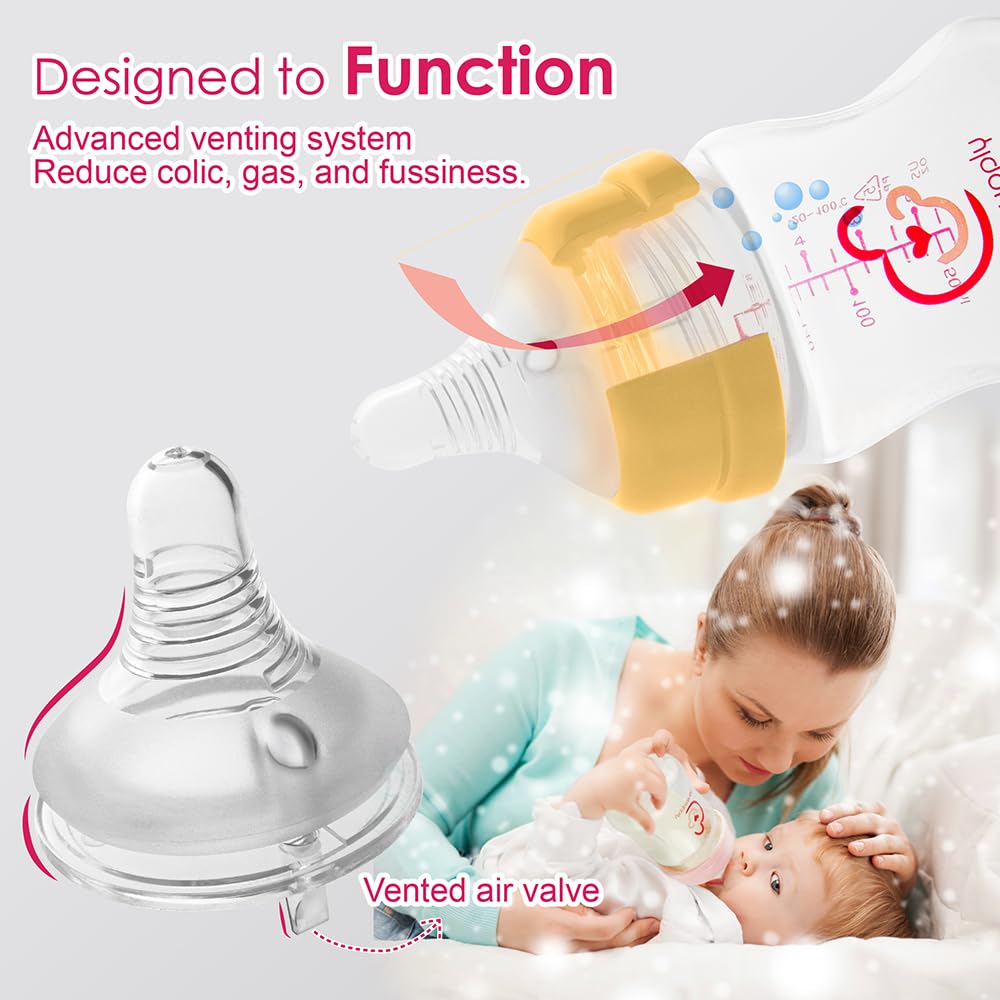 Nenesupply Natural Baby Bottles Newborn Feeding Bottles Slow Flow Breastfeeding Bottle for Breastfed Babies Wide Neck 9oz Anti Colic Level 2 Nipple for 1+ Month Infant Replace Spectra Bottle Pumping