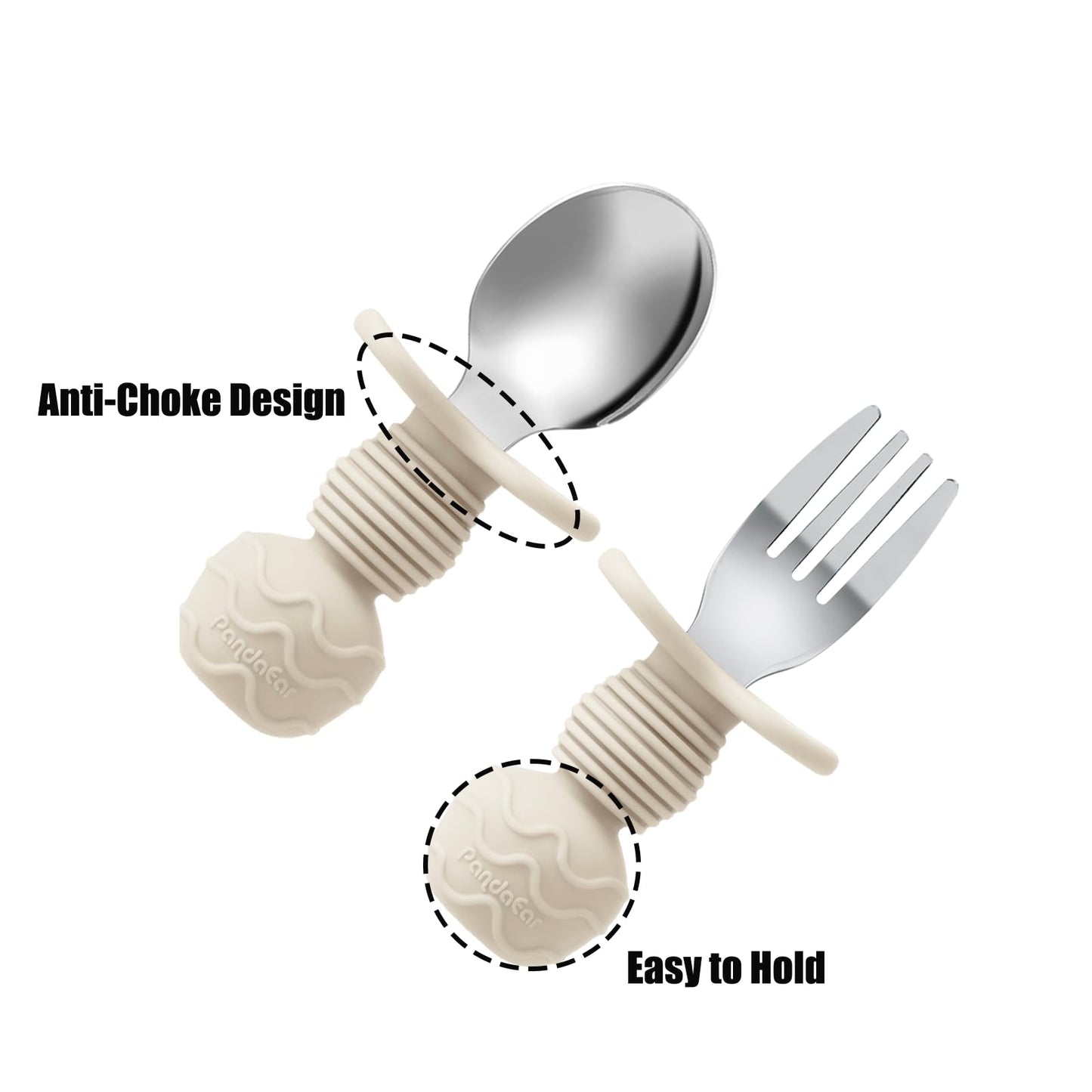 PandaEar 6 Pack Stainless Steel Toddler Spoons and Fork Feeding Set - Anti-Choke First Self Feeding Utensils for Kids Baby Girls Led Weaning Ages 18 Months+ (Pink/Beige)